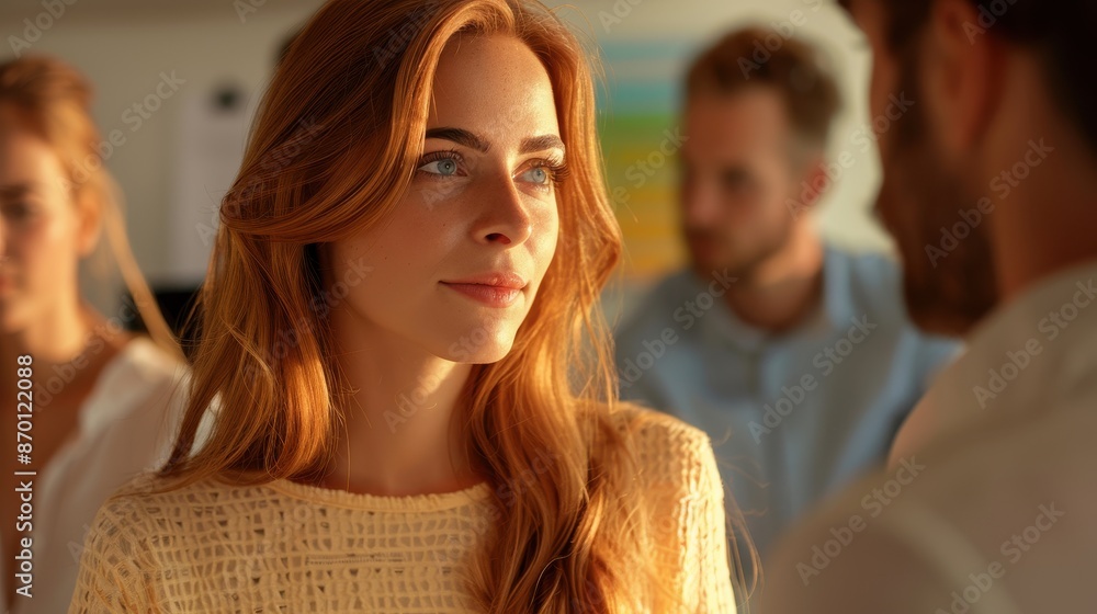 Young Woman with Red Hair Engaging in Conversation in a Modern Office Setting with Colleagues Young Woman with Red Hair Engaging in Conversation in a Modern Office Setting with Colleagues