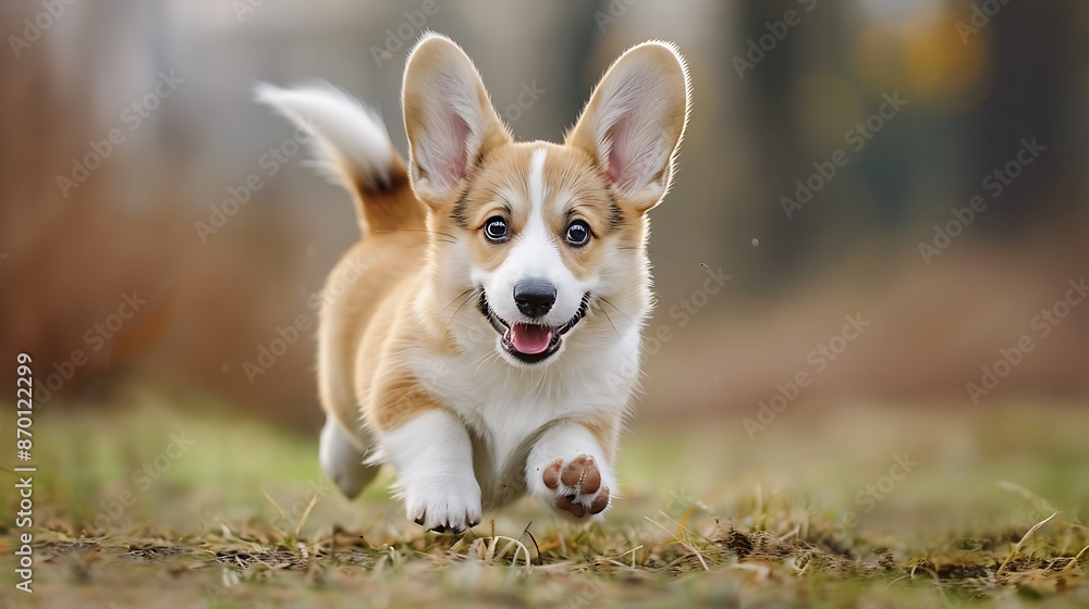 Happy Corgi Puppy with Short Tail and Big Ears Running Towards Camera with Joyful Expression Happy Corgi Puppy with Short Tail and Big Ears Running Towards Camera with Joyful Expression