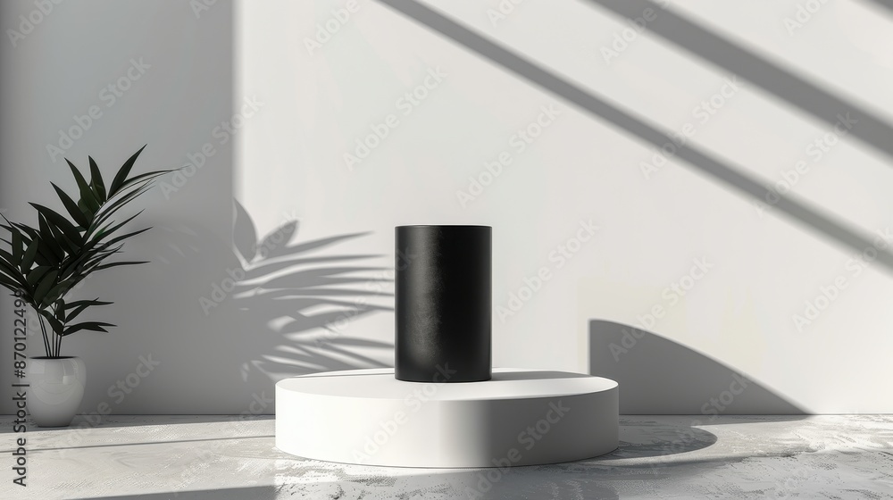 Black tube on minimalist podium with shadow, simple aesthetic, white background, illustration background Black tube on minimalist podium with shadow, simple aesthetic, white background, illustration background