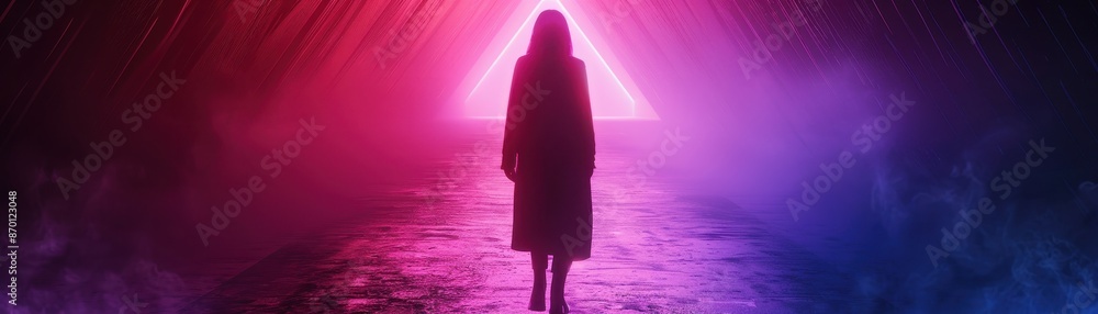 Futuristic Silhouette of a Person Walking Towards a Neon Triangle in a ...