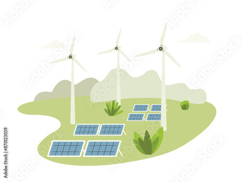 Green energy windmills and solar panels vector illustration