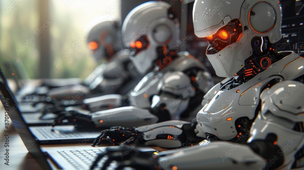 Fototapeta premium Futuristic Robots Working on Laptops in a Modern Office Setting with Advanced Technology and Artificial Intelligence
