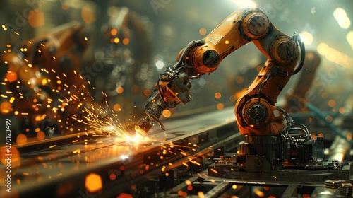 Robot is working on a piece of metal, surrounded by sparks. The scene is industrial and has a sense of urgency, as the robot is focused on its task
