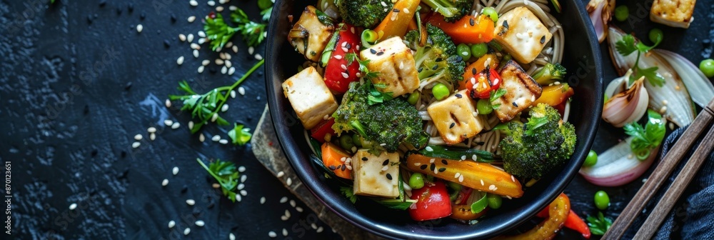 Grilled vegetable and tofu stirfry with buckwheat noodles for a vegetarian protein option. Grilled vegetable and tofu stirfry with buckwheat noodles for a vegetarian protein option.