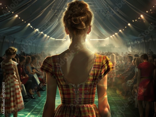 Elegant Fashion Show with Model in Plaid Dress on Runway Under Dramatic Lighting in a Packed Tent photo