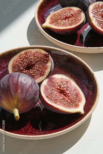 Fresh Figs on Speckled Plates With Autumnal Branch and Shadows