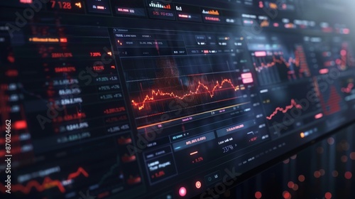 Futuristic stock market data analysis displayed on digital interface. Concept of finance, trading, investment and technology