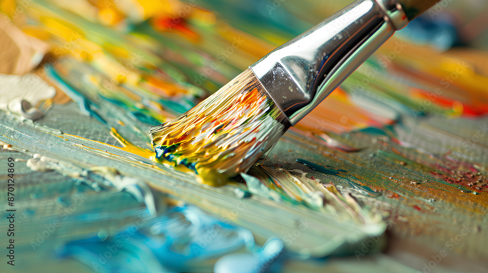 Fototapeta premium A close-up of a paintbrush creating vibrant strokes on a canvas.