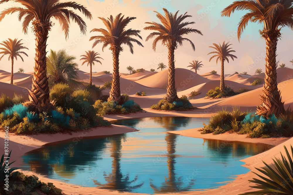 Fototapeta premium Serene oasis, lush palms, golden sunset, earthy tones, tranquil and cinematic.