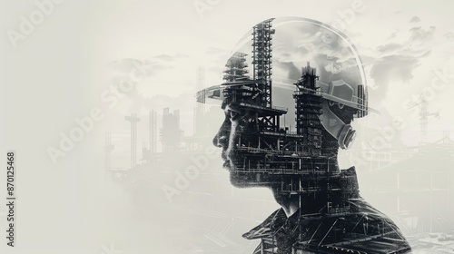 Double exposure of an engineer with a safety helmet and a skyscraper under construction.