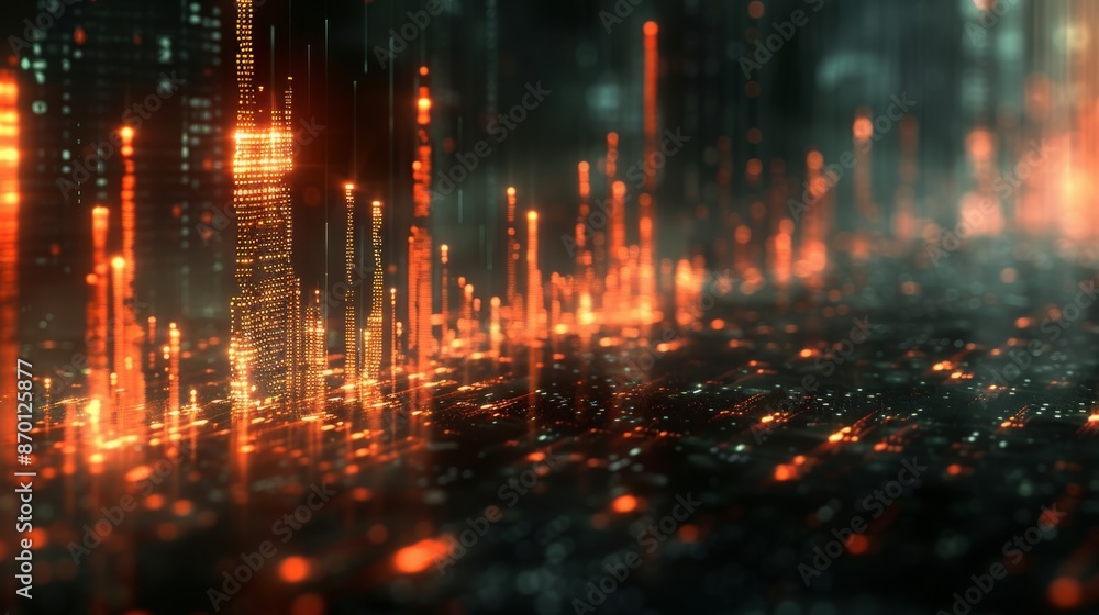 Futuristic Cityscape with Neon Lights and Digital Data Streams. Digital Art Concept