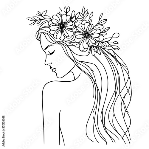 Girl with flowers, girl with floral in her hair line art