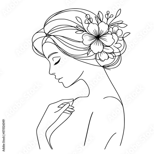 Line art woman with flower in her hair 
