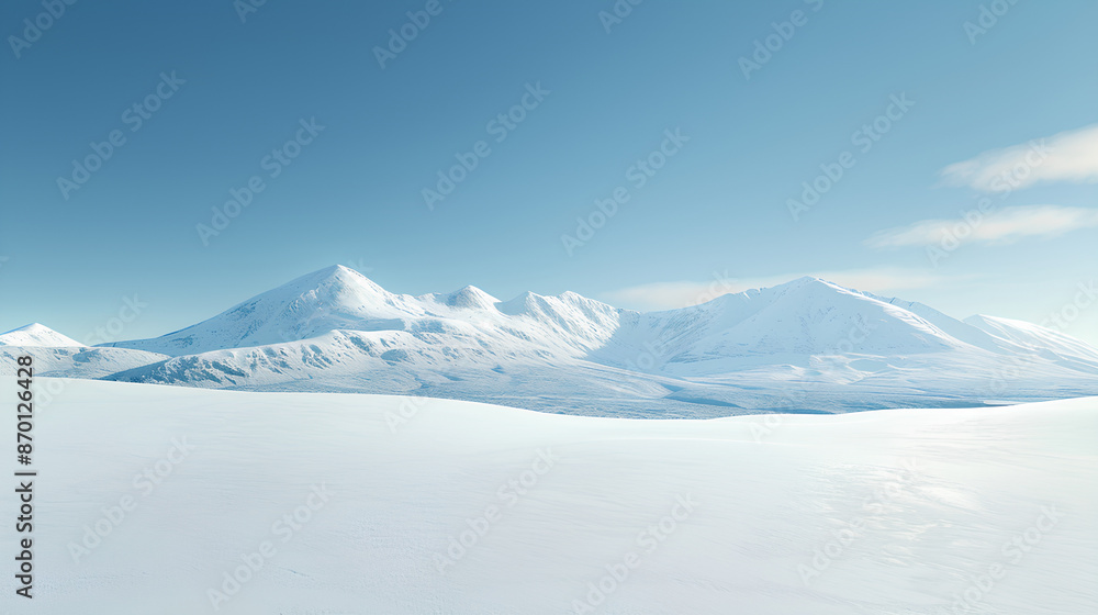 An expansive frozen landscape with majestic snow-covered mountains under a clear blue sky. An expansive frozen landscape with majestic snow-covered mountains under a clear blue sky.