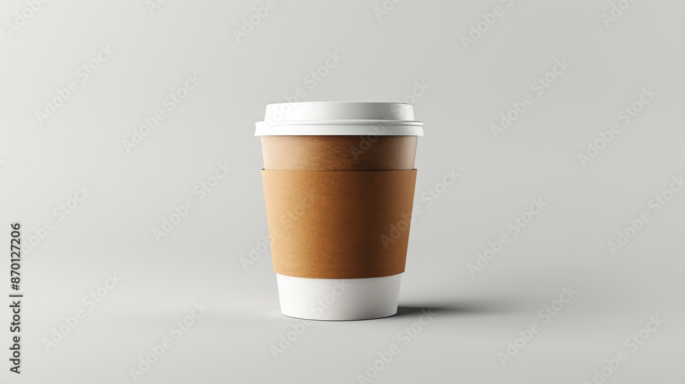 Minimalist photo of a disposable coffee cup with a brown sleeve on a neutral background. Ideal for branding, marketing, or cafe themes. Minimalist photo of a disposable coffee cup with a brown sleeve on a neutral background. Ideal for branding, marketing, or cafe themes.