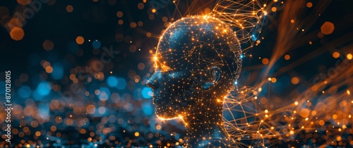 Digital Human Profile Rendered With Connected Lines and Bokeh Lights