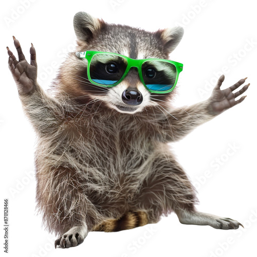 Funny raccoon in green sunglasses showing a rock gesture isolated on transparent or white background © Luckyphotos