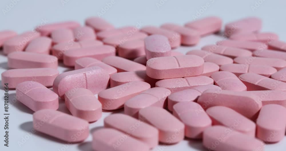 Mass production on pink pills, scientist with blue gloves inspecting Mass production on pink pills, scientist with blue gloves inspecting