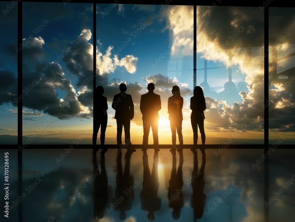 Business Team Silhouettes in Modern Office with Sunset Sky and Clouds Through Large Windows Business Team Silhouettes in Modern Office with Sunset Sky and Clouds Through Large Windows