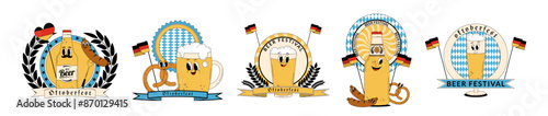 Oktoberfest Bavaria Beer Festival celebration. Set of concept with retro groovy beer character, flag, pretzel and other. Vector illustration with cute alcohol drink and beverage mascot