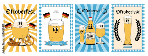 Oktoberfest Bavaria Beer Festival celebration. Posters or flyers set with retro groovy beer character, sausage, flag and pretzel. Vector illustration with cute alcohol drink and beverage mascot