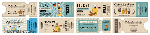 Oktoberfest Bavaria Beer Festival celebration. Set of horizontal ticket template entrance pass design or invitation for fest party. Vintage flat illustration in colors