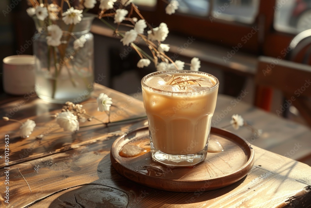 Iced Latte on Rustic Wooden Table with Sunlight and Dried Flowers Iced Latte on Rustic Wooden Table with Sunlight and Dried Flowers