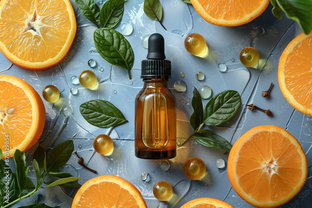 Anti-aging natural cosmetics with fresh citrus fruits on a blue background, top view. Vitamin C, serum oil, cosmetic care.