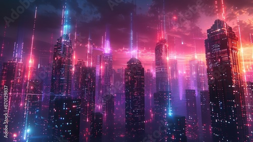 Futuristic Neon Cityscape at Dusk with Digital Lights and Skyscrapers photo