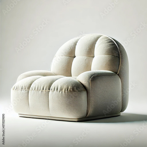 Chair on a white backgound, soft shadows, fabric cream texture, modern feel 