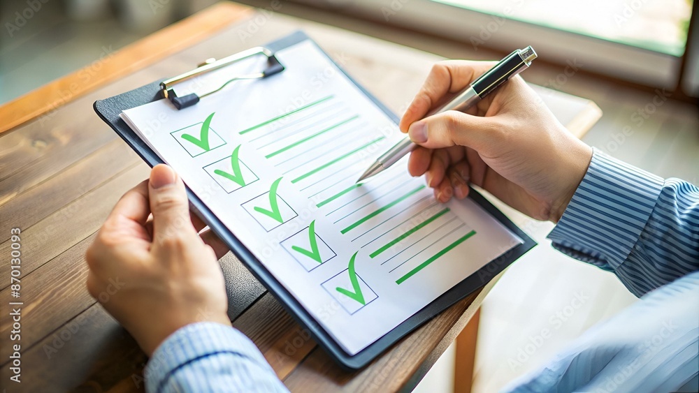 Hands holding clipboard with checklist with green check marks and pen ...