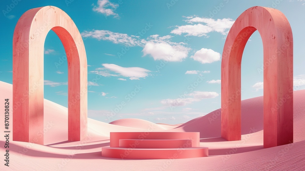 3D Render: Arches and Product Podium in Surreal Pastel Landscape 3D Render: Arches and Product Podium in Surreal Pastel Landscape