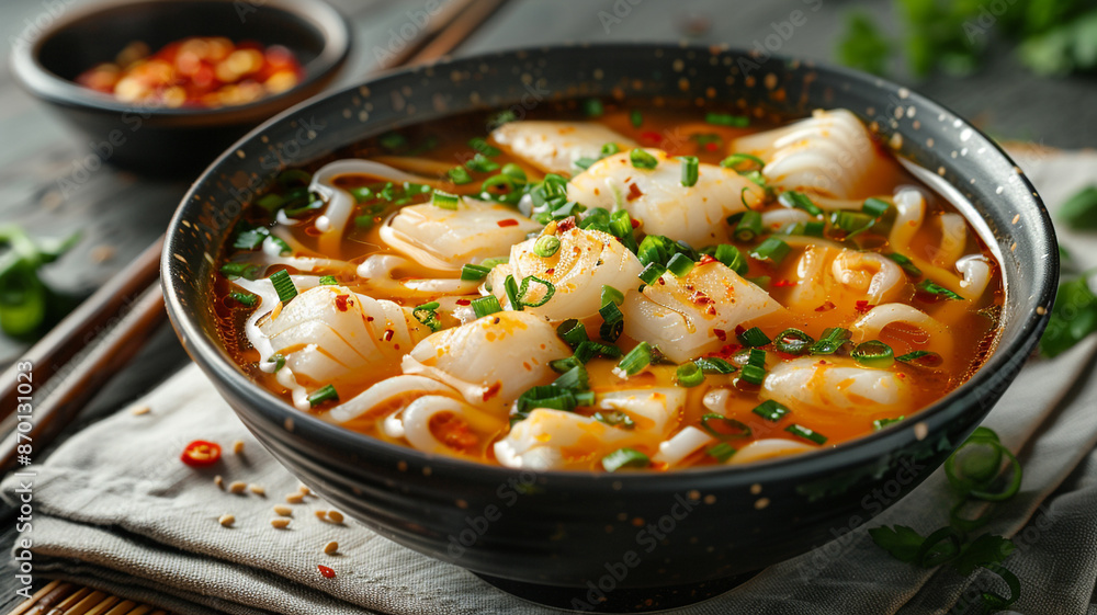 Fish Udon in Thick Fish Soup with soring onion, chili sauce and chopsticks served in bowl isolated on napkin side view of japanese food on table Fish Udon in Thick Fish Soup with soring onion, chili sauce and chopsticks served in bowl isolated on napkin side view of japanese food on table