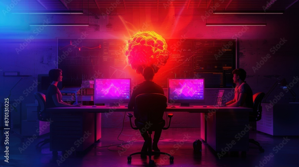 Team of Programmers Analyzing Data on Multiple Screens in a Futuristic Office with a Glowing Brain Hologram Team of Programmers Analyzing Data on Multiple Screens in a Futuristic Office with a Glowing Brain Hologram