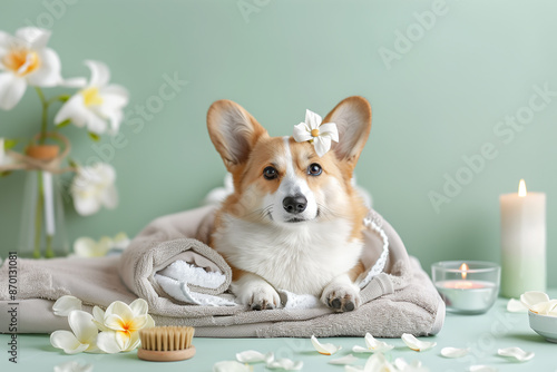Relaxed Corgi dog at pet spa