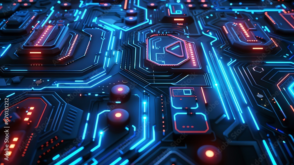 A close-up of a futuristic neon circuit board with glowing blue and red lights, representing advanced technology and innovation. A close-up of a futuristic neon circuit board with glowing blue and red lights, representing advanced technology and innovation.