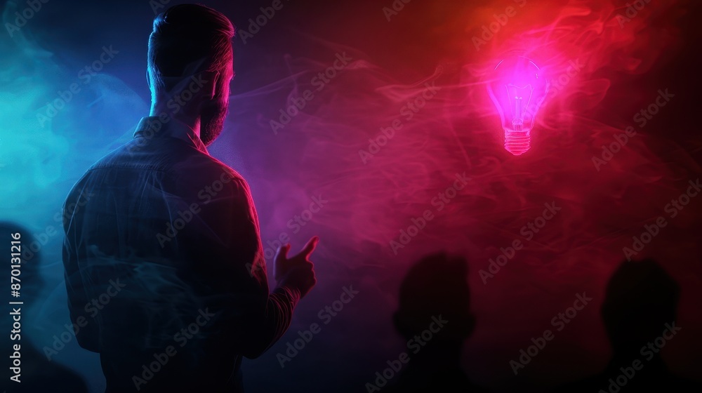 Man in Dark Room with Neon Lightbulb, Creative Concept, Futuristic Atmosphere, Innovation and Ideas, Back View Man in Dark Room with Neon Lightbulb, Creative Concept, Futuristic Atmosphere, Innovation and Ideas, Back View