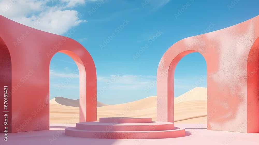 Naklejka premium 3D Render: Pastel Landscape with Arches and Product Podium in Surreal Style