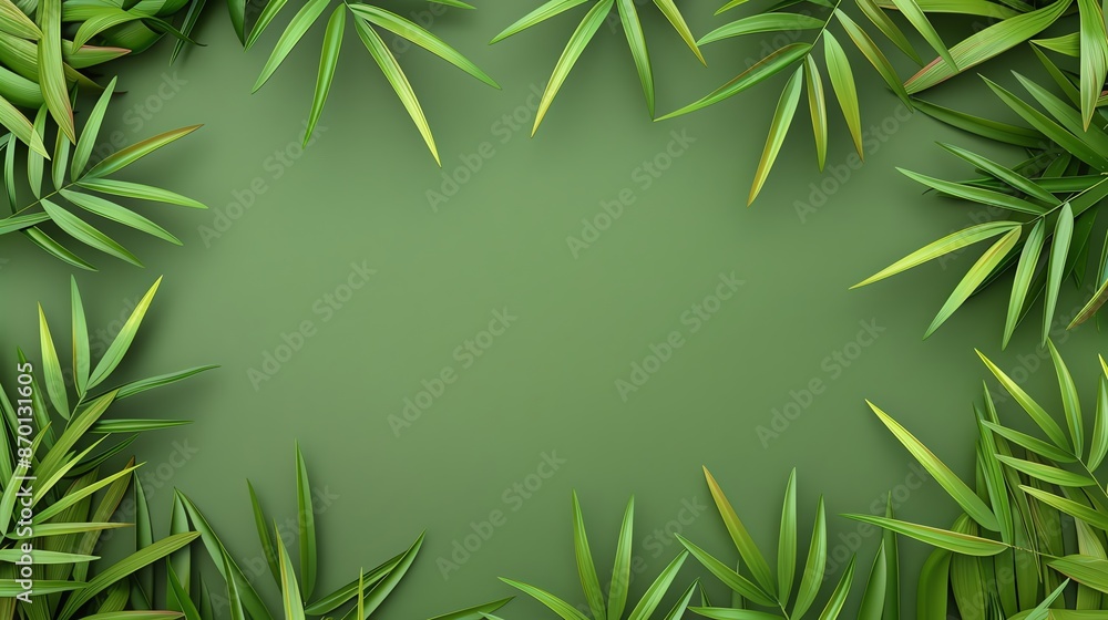Fototapeta premium Green bamboo leaves forming a frame against a green background. Perfect for nature-themed designs, backgrounds, and creative projects.