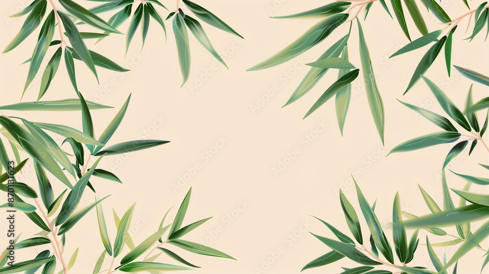 Obraz premium Minimalist bamboo leaf frame on a soft beige background, perfect for nature-themed, relaxing, or Asian-inspired designs and presentations.