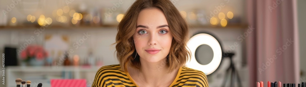custom made wallpaper toronto digitalYoung Woman in a Makeup Studio with Professional Lighting and Beauty Products on Display