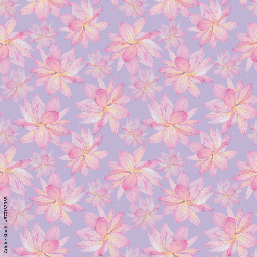 Lotus flowers are pink. Seamless pattern on a lilac background. Hand drawn watercolor illustration. For design, fabrics, textiles, wallpaper, prints, wrapping paper Lotus flowers are pink. Seamless pattern on a lilac background. Hand drawn watercolor illustration. For design, fabrics, textiles, wallpaper, prints, wrapping paper