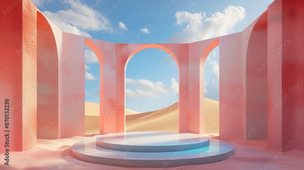 Surreal Pastel Landscape with Product Podium and Arches: 3D Render Surreal Pastel Landscape with Product Podium and Arches: 3D Render