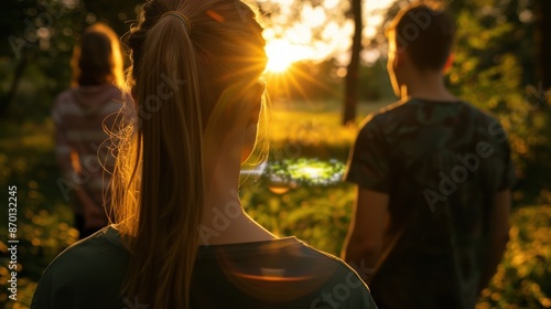 Group of Friends Enjoying a Sunset Walk in a Forest, Backlit by the Warm Glow of the Setting Sun © TPS Studio