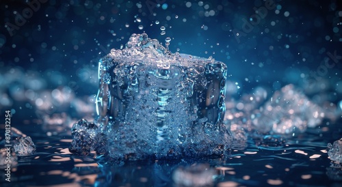Close Up Of A Large Ice Cube With Water Droplets Against A Blue Background