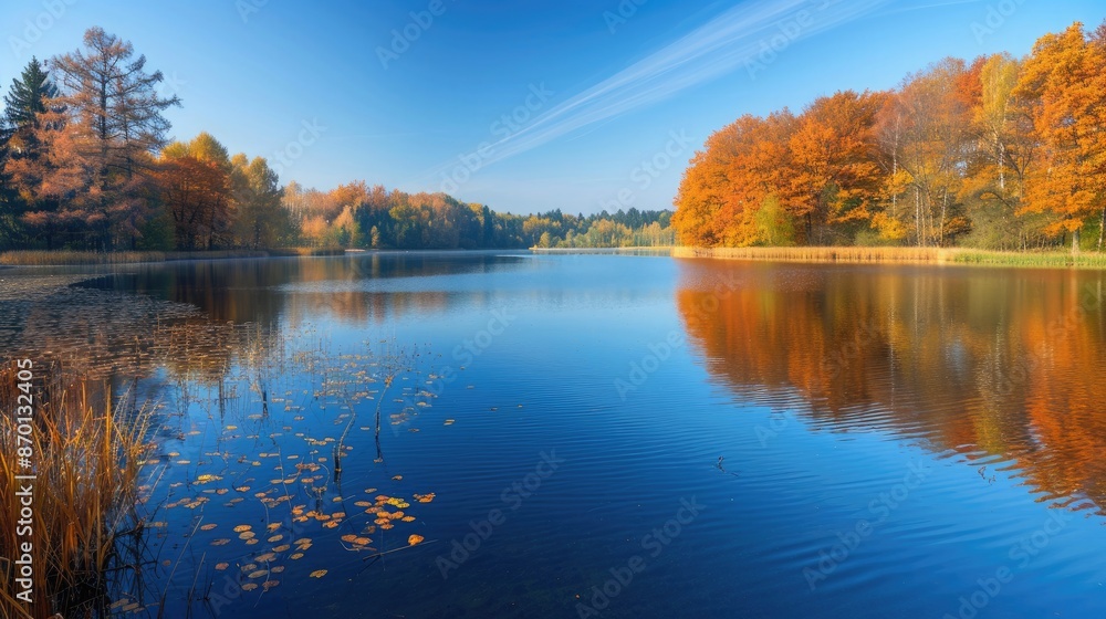 A calm lake surrounded by autumn trees, symbolizing change and the beauty of the seasons. A calm lake surrounded by autumn trees, symbolizing change and the beauty of the seasons.