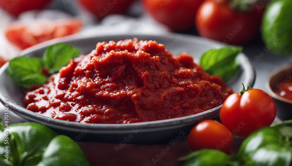 A rustic bowl filled with rich, red tomato paste, garnished with fresh basil leaves. Surrounded by ripe tomatoes and basil sprigs. A rustic bowl filled with rich, red tomato paste, garnished with fresh basil leaves. Surrounded by ripe tomatoes and basil sprigs.