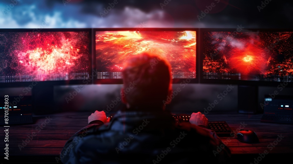 Cybersecurity Expert Monitoring Multiple Screens with Red Alert Warnings in a Dark Room Cybersecurity Expert Monitoring Multiple Screens with Red Alert Warnings in a Dark Room