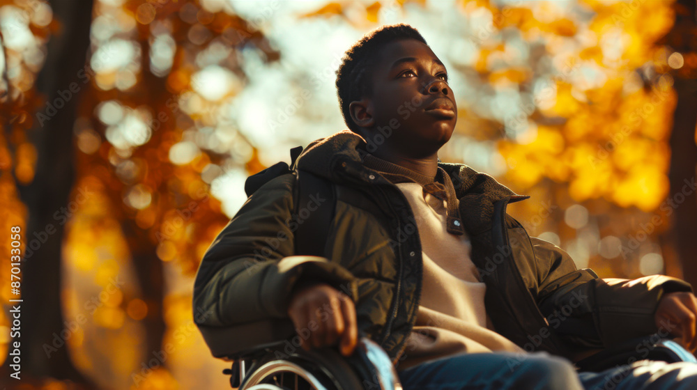 The concept of dreams and hopes for recovery. A black teenager with a wheelchair is sitting in an autumn park. He's wearing a green jacket. The scene is peaceful and serene The concept of dreams and hopes for recovery. A black teenager with a wheelchair is sitting in an autumn park. He's wearing a green jacket. The scene is peaceful and serene