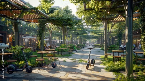 A city center with green plazas, electric scooters, and cafes with outdoor seating under shaded pergolas.